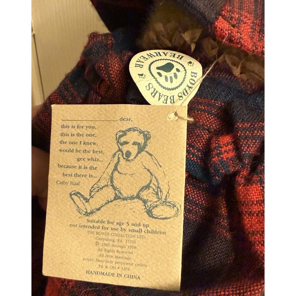 The Boyds Collection J.B. Bean Series Jointed Bear Evelyn Plush Plaid Dress/hat - Picture 5 of 5